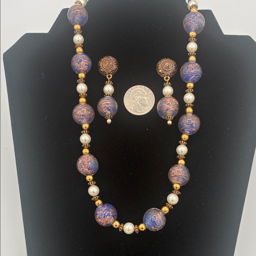 Violet Blue Sommerso Murano glass Faux Pearl Bead Necklace pierced Earrings